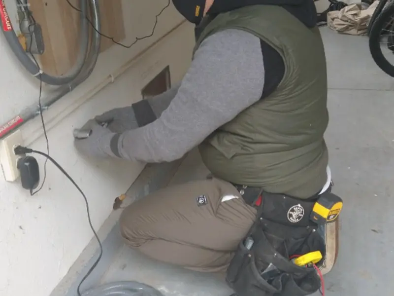 Electrician performing outlet wiring in a Saugerties garage